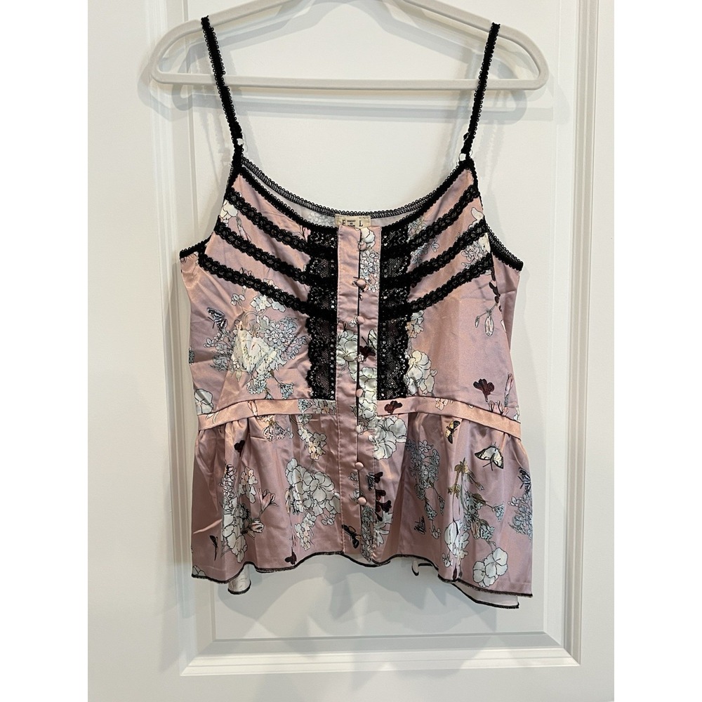 NEW POL Pink Floral Satin Lace Peplum Cami Top Size M Romantic Y2K